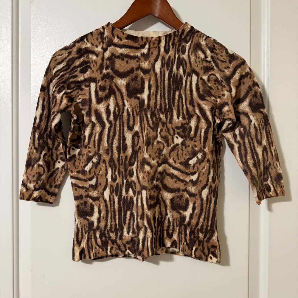 Talbots Pure Merino Wool Animal Print Sweater Brown Cream 3/4 Sleeve Crew Neck